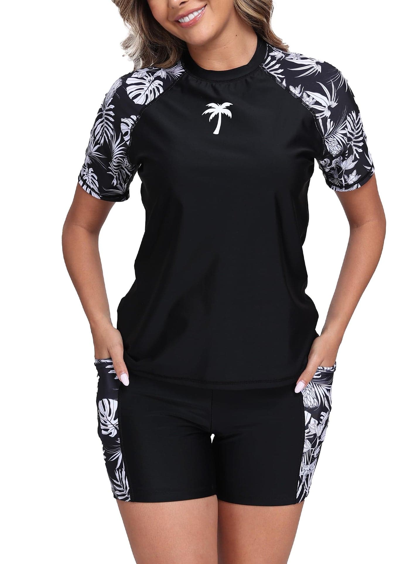 Halcurt Women Bathing Suit Shirts with Built in Bra 2 Piece Rash Guard with Shorts Short Sleeve Black L