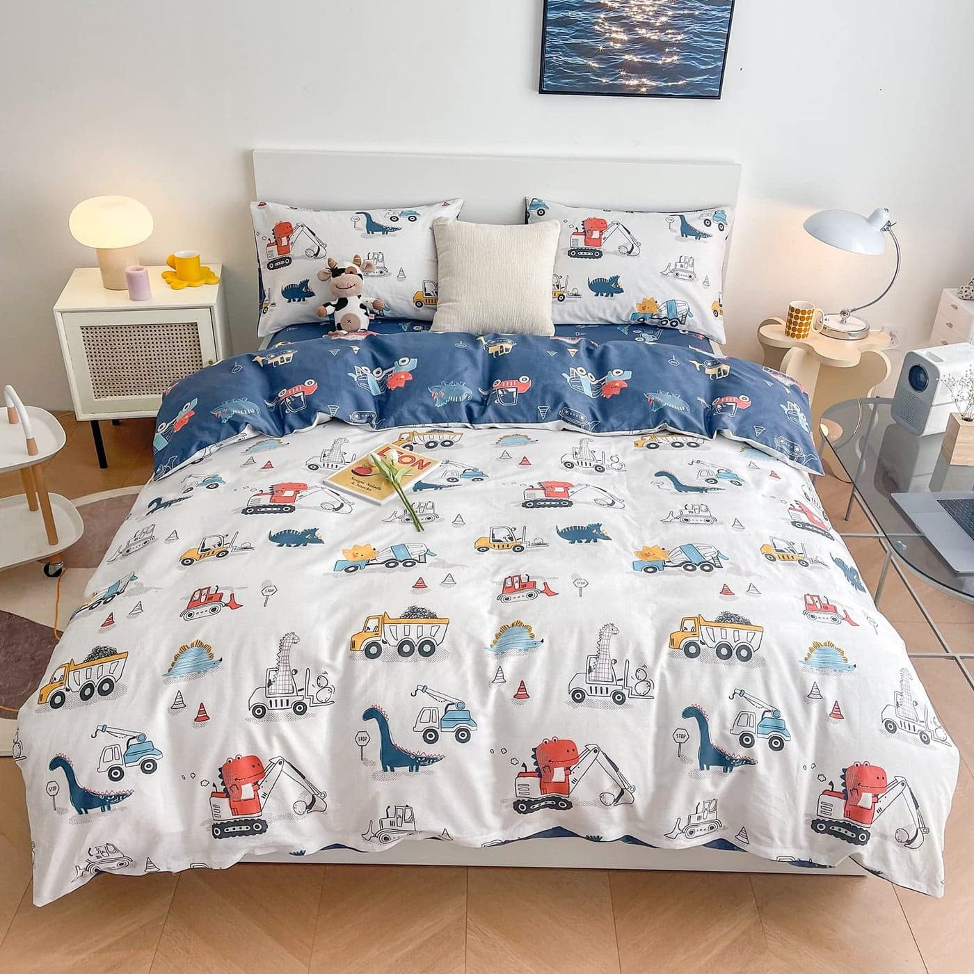 Dinosaur Kids Duvet Cover Set Twin 100 Cotton Dino Truck Car Bedding Set for Boys Girls Toddler 2 Pieces Reversible Dinosaur Comforter Cover Set 1 Duvet Cover1 Pillowcase