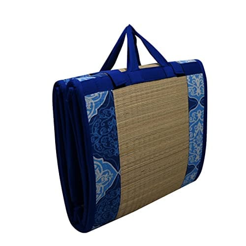 KALA DARSHAN CRAFTS BAZAAR Natural Grass Mat with Foam 15mm Portable River Kora Folding Cushion Mat Blue Cotton, 3X6 ft