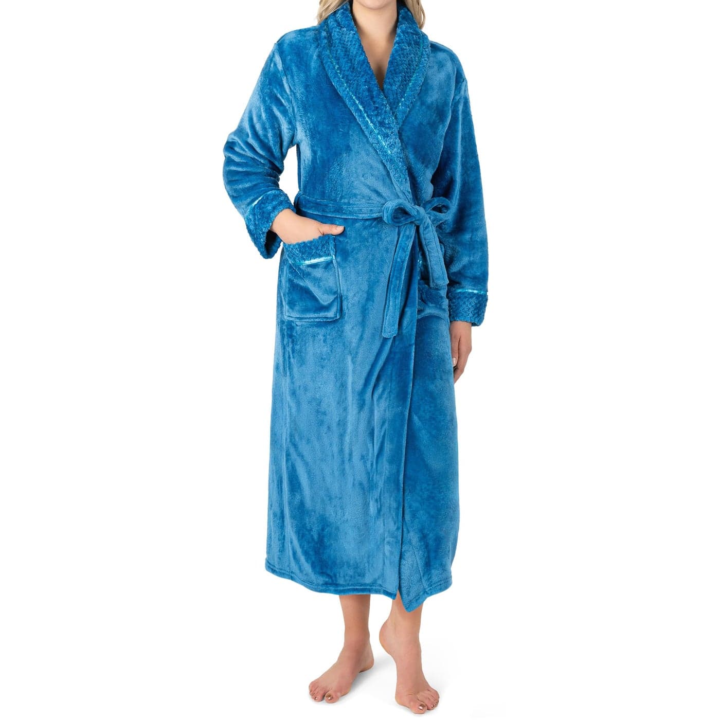 PAVILIA Soft Plush Women Fleece Robe Turquoise Teal Blue Cozy Bathrobe Female Long Spa Robe Warm Housecoat Satin Waffle Trim SM
