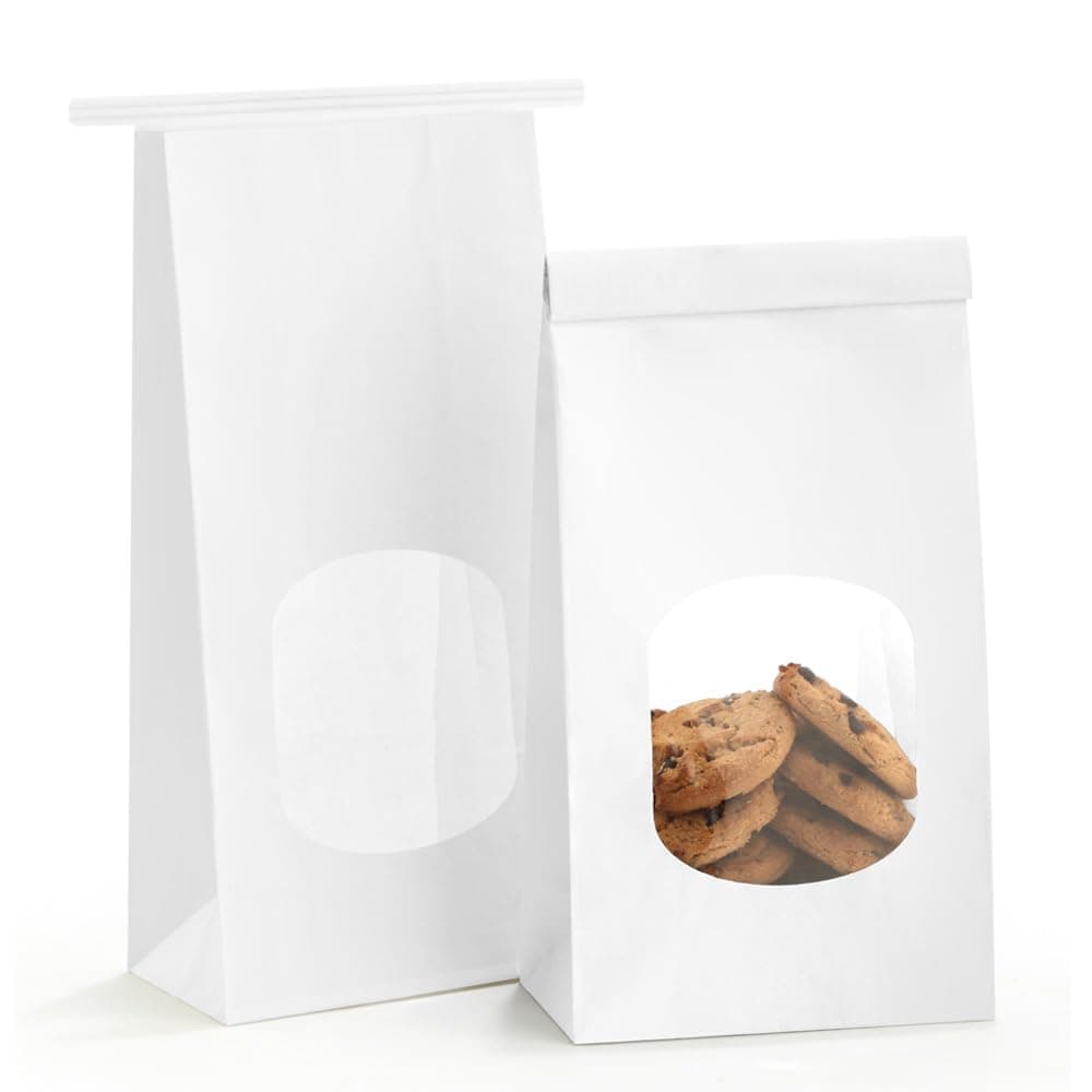 BagDream Bakery Bags with Window 100Pcs 45x236x96 Inches White Kraft Paper Bags with Window Tin Tie Tab Lock for Bakrery Cookie Coffee Bean Snack