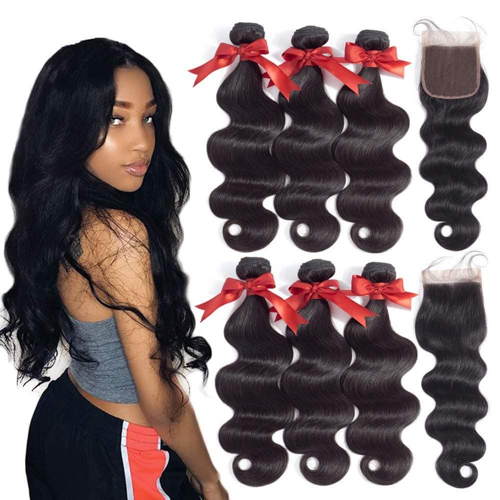 Beauhair Brazilian Body Wave Virgin Hair Bundles with Lace Closure18 20 22 with 16closure Human Hair Unprocessed Body Wave Hair with Closure 4X4 Lace Free Part Natural Black Hair