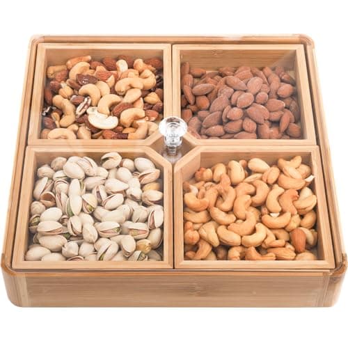 WUWEOT Bamboo Nut and Candy Serving Tray, Party Appetizer Platter Veggie Dish, Candy Bowl with Acrylic Lid & Removable Dividers for Party, Taco Dip Parties Platters & Chip Bowls