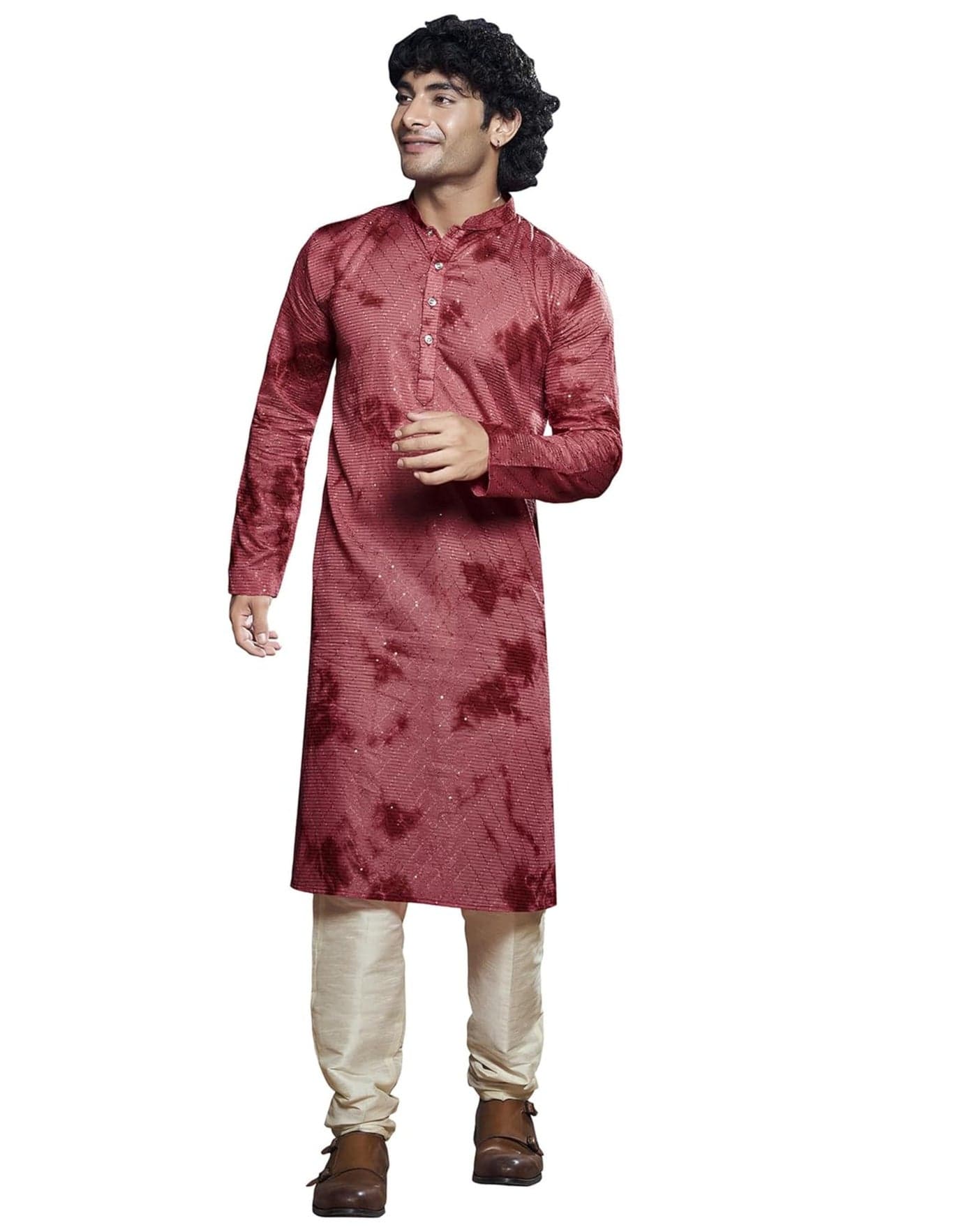 Vardha Men's Viscose Sequence Stitched Kurta, Flowy Red Pattern Shibori Dyed Ethnic Kurtas for Men, Mandarin Collar, Pearl Buttons, Size L