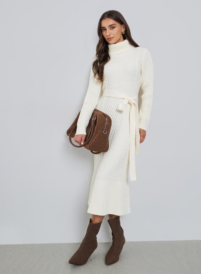 Off White Midi Sweater Dress with Belt