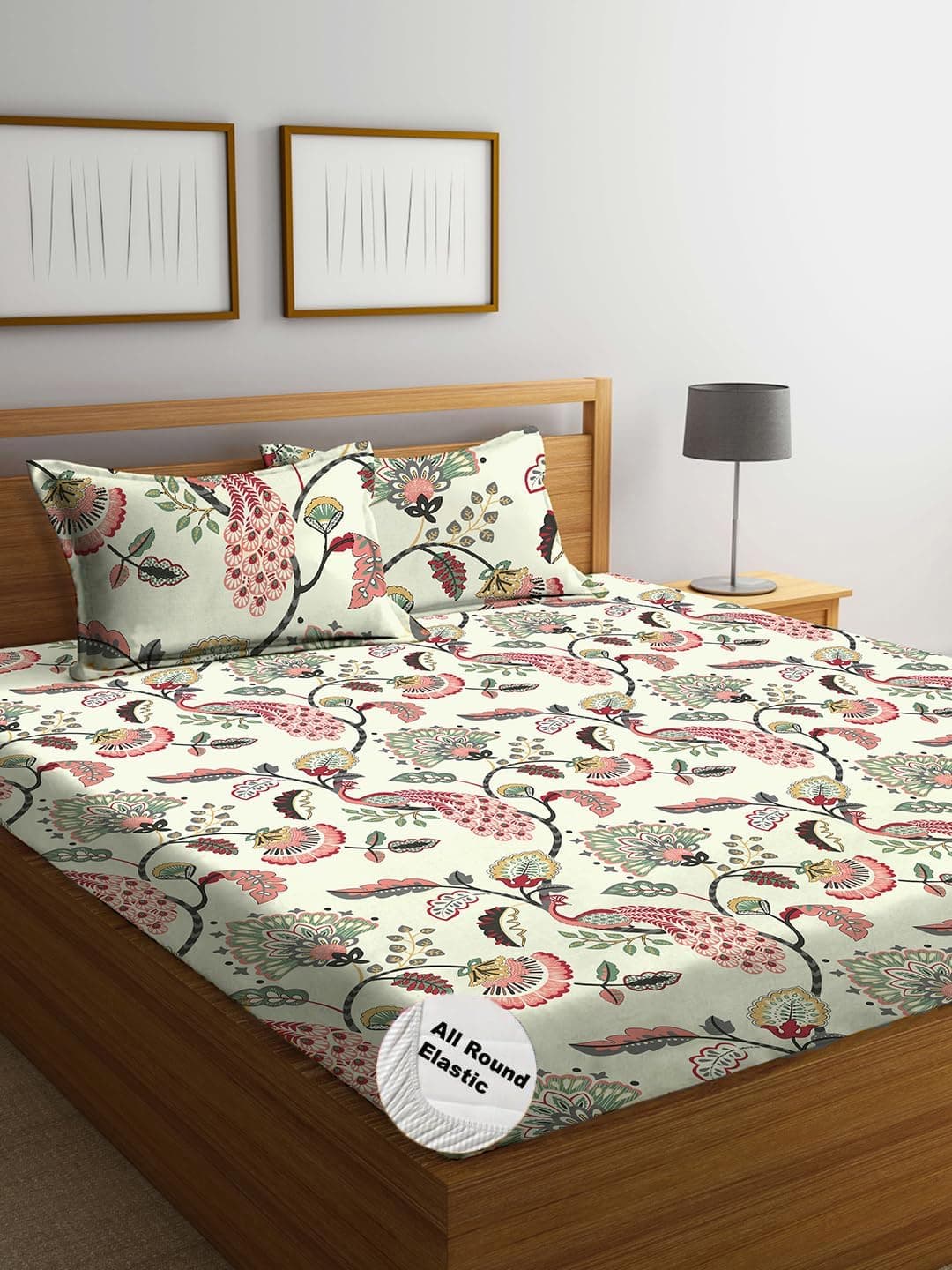 THE HOME STYLE Cotton Feel Glace Cotton Elastic Fitted All Around Printed Full Length Single Bed Bedsheet with 1 Pillow Cover (36"x78", Bianca Flora)