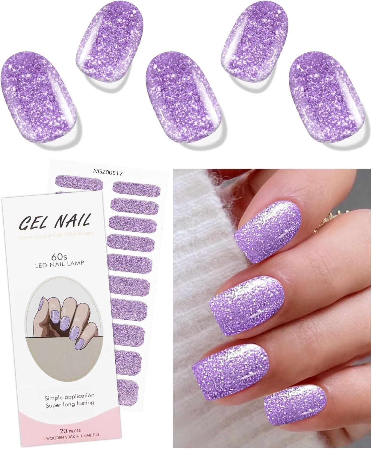 JMEOWIO Gel Nail Stickers Purple Glitter Semi Cured Gel Nail Strips Wraps UVLED Nails Art Design Decoration Accessories