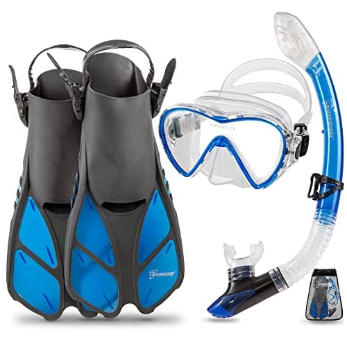 Seavenger Diving Dry Top Snorkel Set with Trek Fin, Single Lens Mask and Gear Bag, XS/XXS - Size 1 to 4 or Children 10-13, Gray/Clear Blue