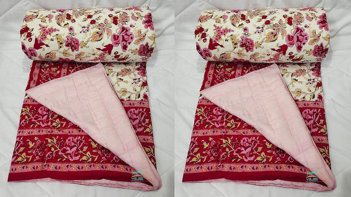 Namaste India Single Bed Jaipuri Razai Organic Pure Cotton Jaipuri rajai Ac Quilt for All Season Soft Light Weight Rajasthani Cotton Quilt 55 x 85 inch Pink Set of 2