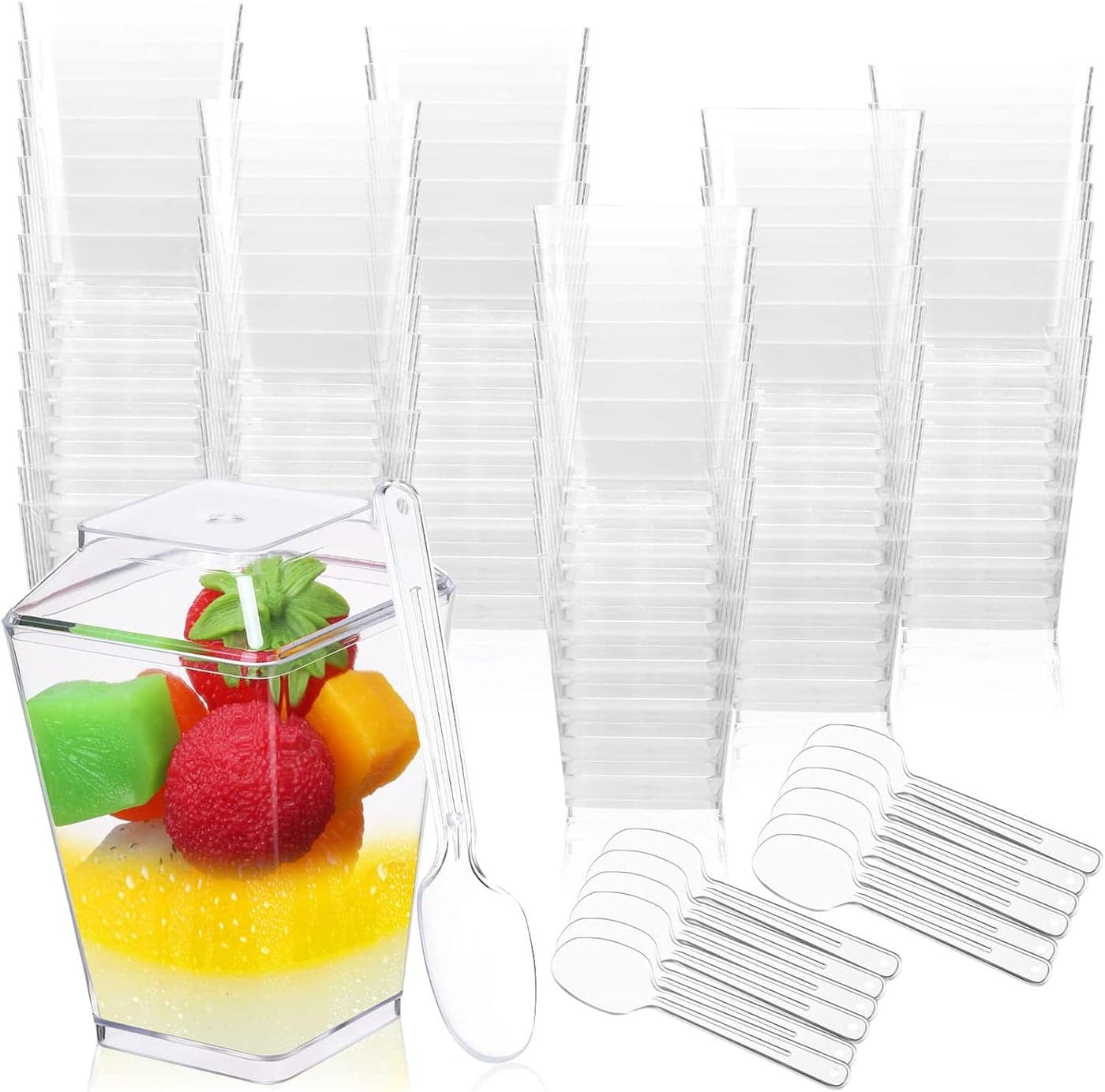 200 Pack 5 oz Dessert Cups with Lids and Spoons Square Clear Plastic Appetizer Cups Parfait bowls Dessert Shot Glasses for Party Wedding Birthday Desserts Appetizers Puddings Mousse