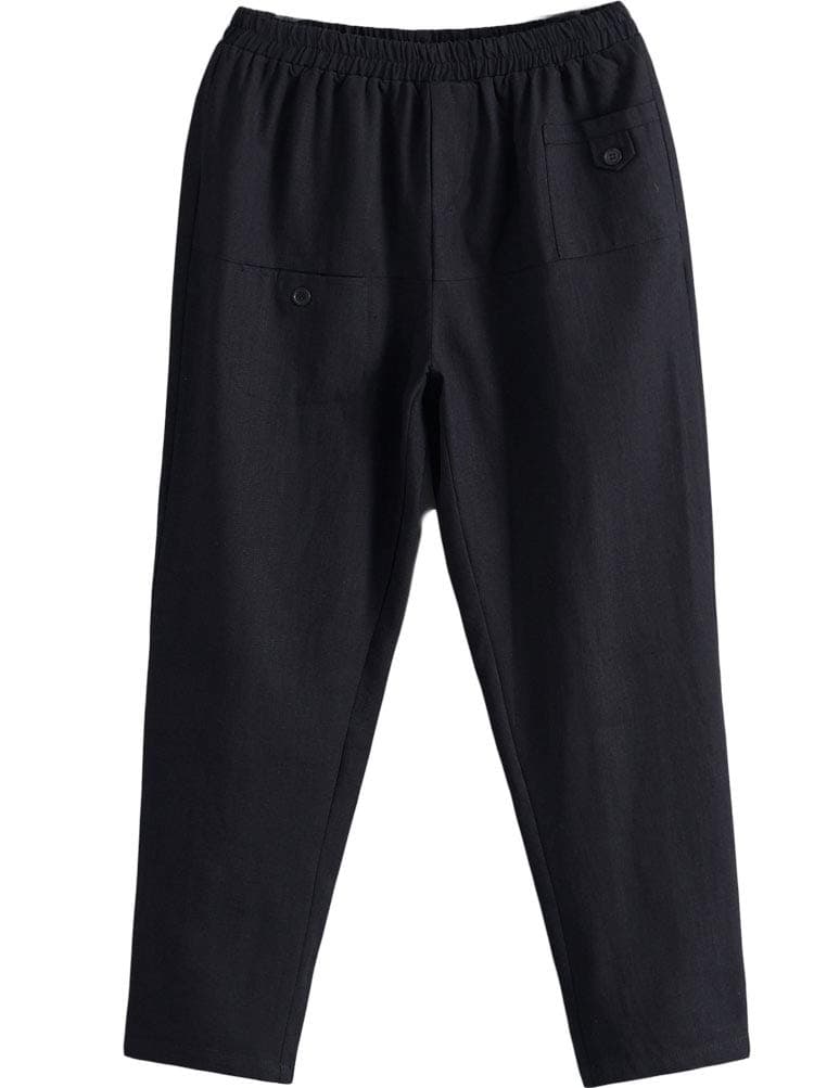 Minibee Women's Elastic Waist Casual Crop Linen Pull On Pants Black 2XL