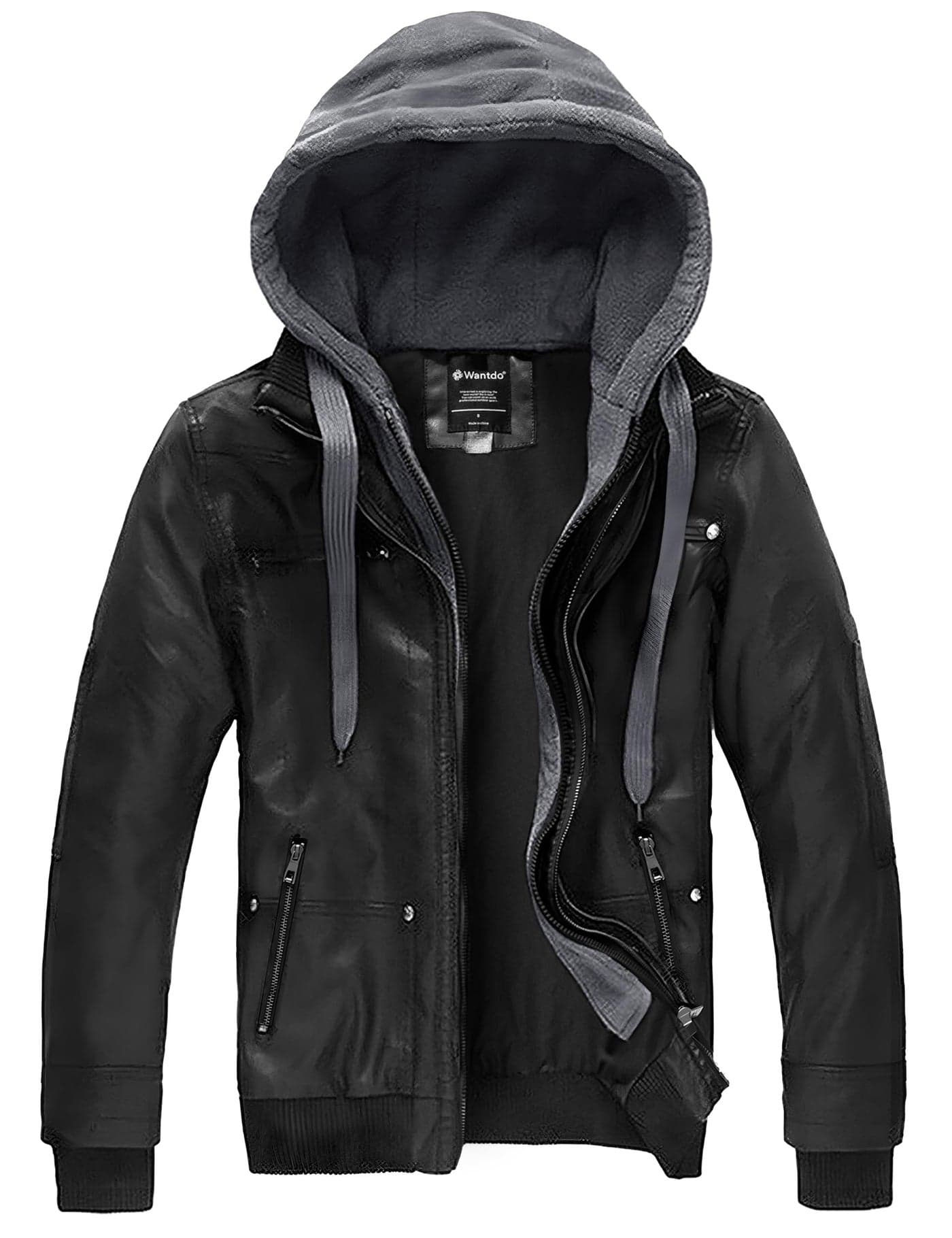 wantdo Men's Spring Motorcycle Leather Jacket with Hood Bombe Jacket Black Medium(Lightweight)