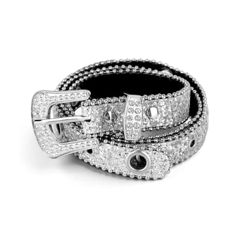 SANNIDHI® Belt for Women Jeans Silver Rhinestone Sequins Waist Belts Western Cowgirl Cowboy Belt Sparkling Adjustable Leather Belts for Jeans, Dresses & Party Outfits