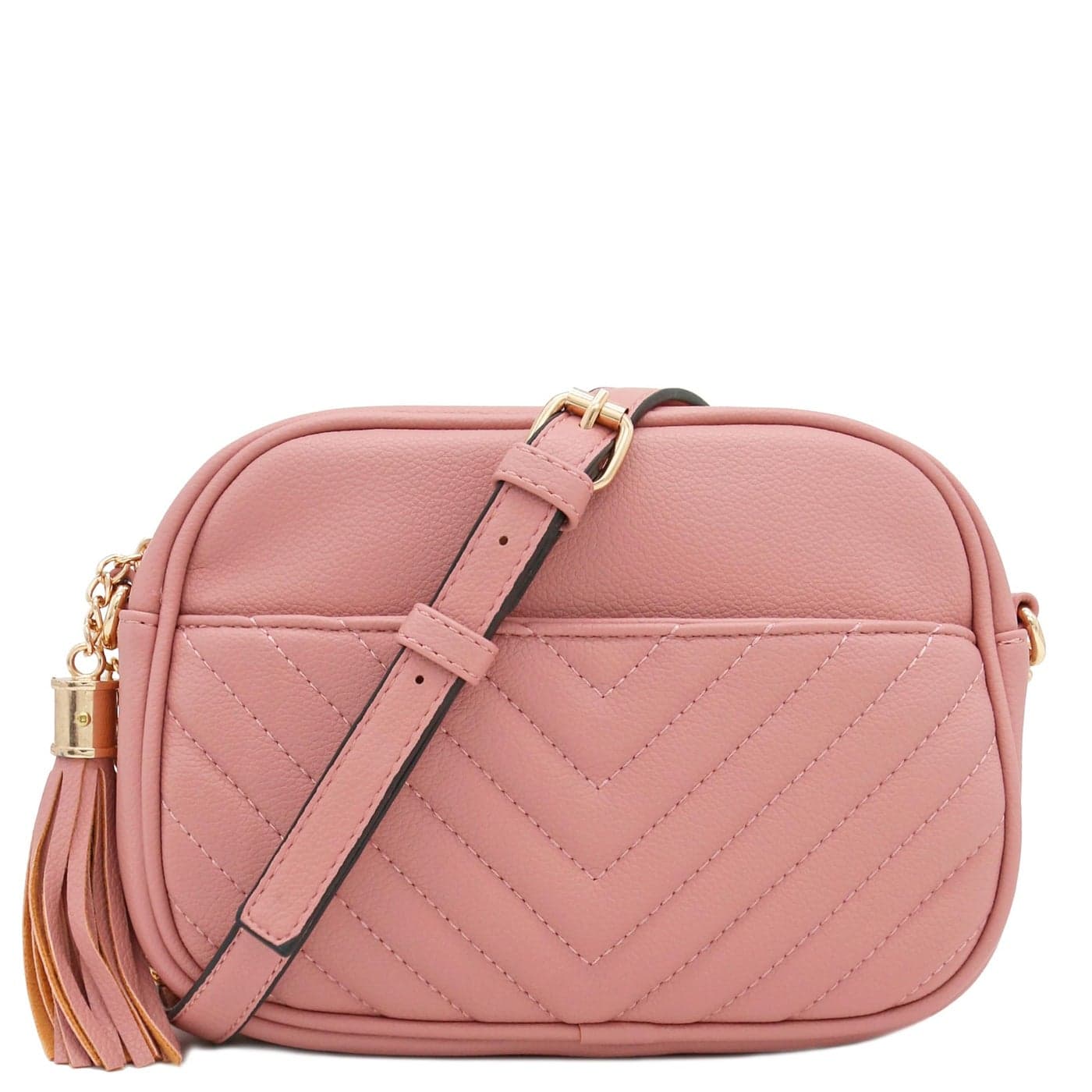 FashionPuzzle Chevron Quilted Crossbody Camera Bag with Chain Strap and Tassel Dusty Pink One Size