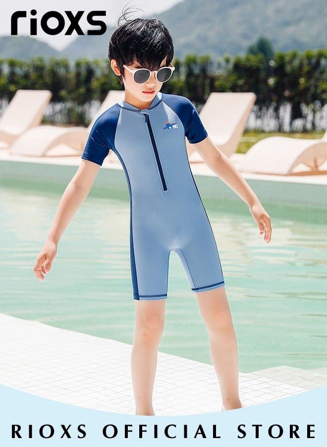 Boys One Piece Rash Guard Swimsuit, Kids Short Sleeve Water Sport Swimwear, Sun Protection Zipper Front Bathing Suits, Comfortable Breathable Stretch Swim Shirt for Summer Vacation, Beach, Surfing, Swimming Pool, Water Skiing and More