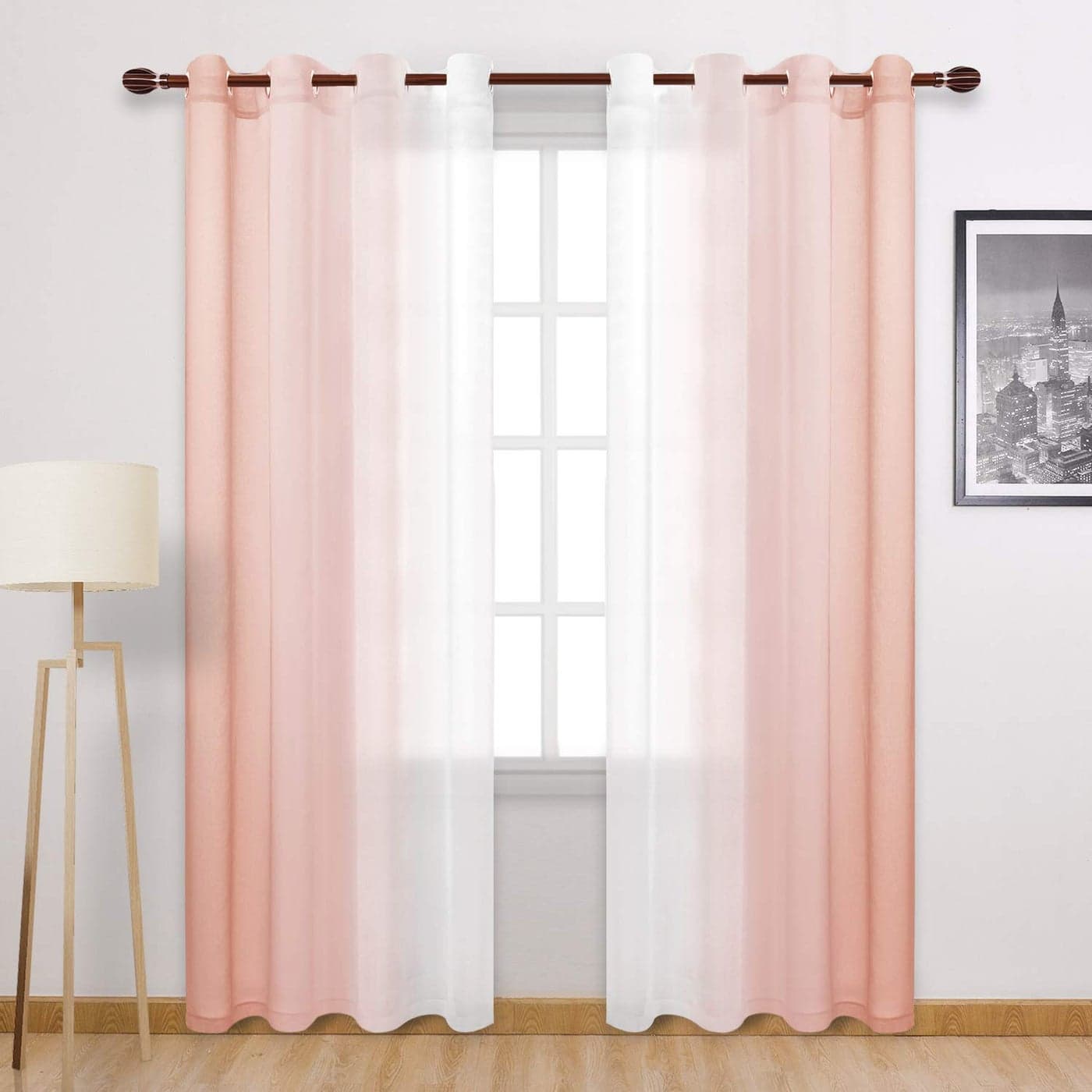 DWCN Ombre Faux Linen Sheer Curtains Semi Voile Gradient Grommet Top Curtains for Bedroom and Living Room 52 x 96 Inches Long Set of 2 Window Curtain Panels Blush