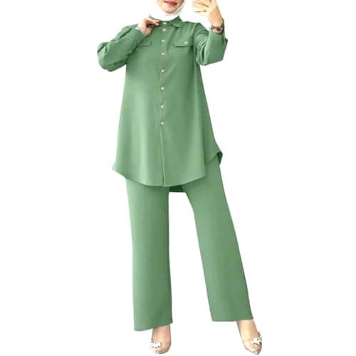 ODIZLI Muslim Clothes For Women 2 Piece Set Abaya Turkey Kaftan Casual Long Sleeve Ethnic Shirts Modest Tops Islamic Pants Prayer Dress for Eid Muslim Dress For Women Light Green- Button Down Shirt L