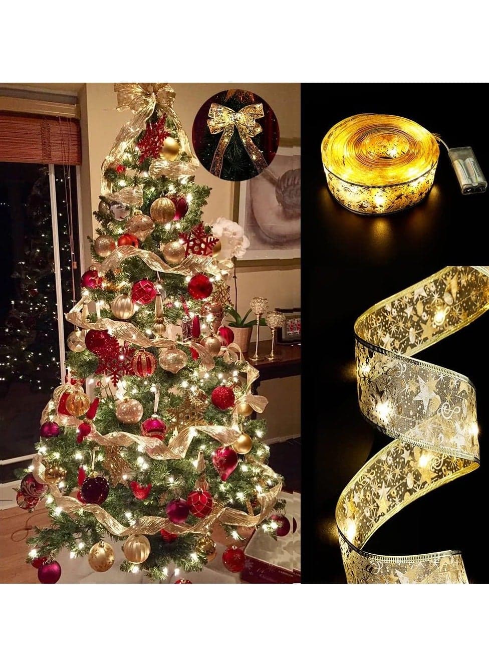 Christmas Ribbon Lights, 39.3 feet/12 Meters Bright Ribbon Lights used for Christmas Tree Decoration, Sparkling String Lights Suitable for Tree, Wedding, Party, Garden Decoration(Gold)