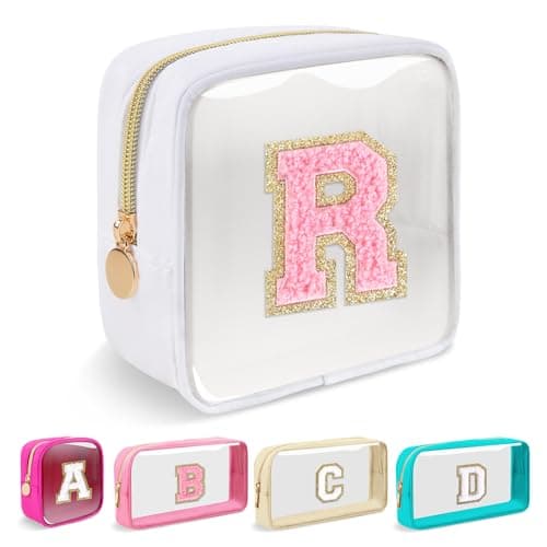 Mini Clear Personalized Initial Makeup BagNylon Preppy AZ Chenille Letter Patch Zipper Cosmetic Bag Small Cute Beach Pouch Travel Purse Sanitary Napkin Storage Bag for Women GirlsWhitePink R