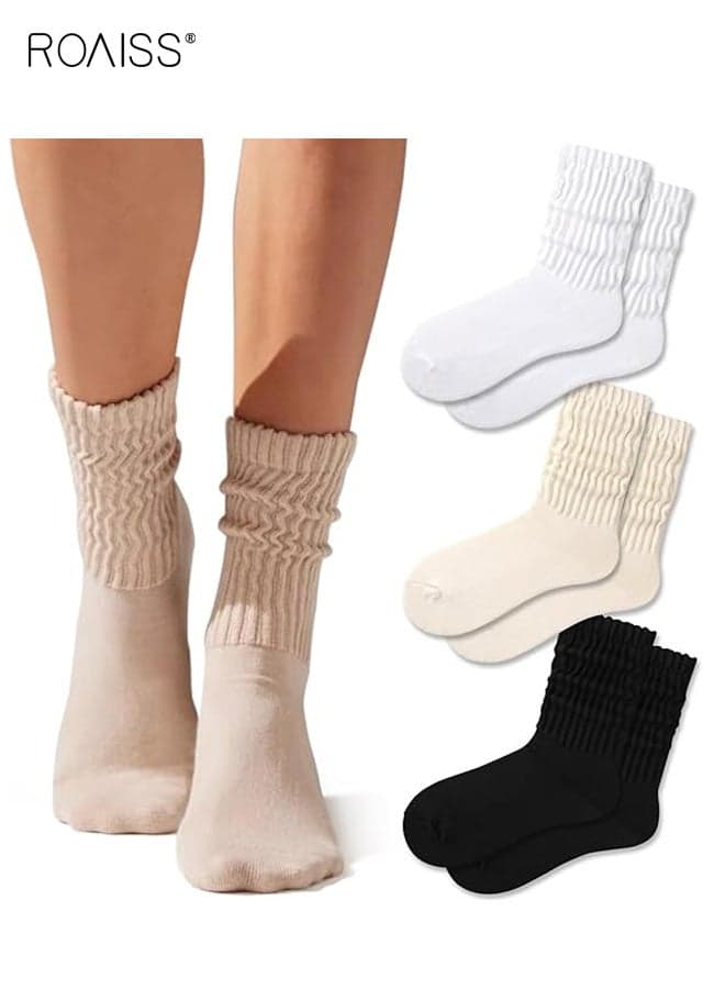 Women's 4 Pairs Crew Socks for Women Multipairs Cotton Cushioned Athletic Socks Retro Slouch Socks Mid Calf Rib Tube Socks Autumn and Winter Soft Socks Plus Velvet Warm Thick Thread Stockings