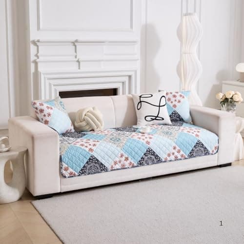 HOMETHREADS Premium Embroidered Cotton Sofa Cover Mat with PVC Backing for Non-Slip Comfort (Blue_M, 4 Seater | 210x75cm)