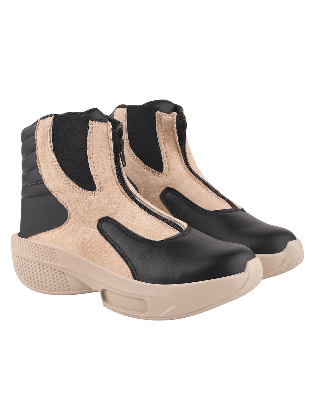 Shoetopia Women's & Girls Stylish Ankle Length Casual Boots with Zipper | Comfortable Slip-Resistant Sole | Black & Beige Leatherette Sneakers Boots EU38