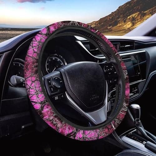 Whosucclay Steering Wheel Cover Car Accessories Pink Camo Oak Hunting Print for Women Girls Girly Universal 15 Inch Auto Interior Decor Anti Slip Car Truck Protector