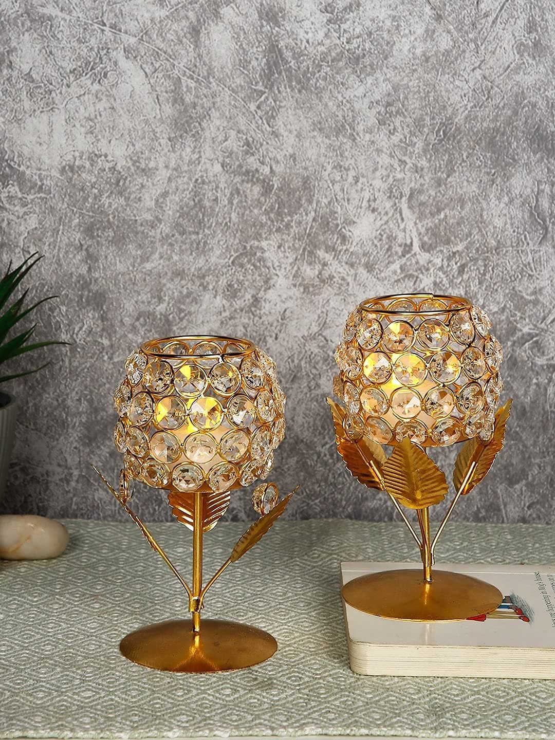 Collectible India Gold Plated Crystal Candle Holder Tea Light Stand Votive- Decorative Tealight Holders for Home Office Living Room Indoor Garden Dining Centerpiece Decoration (10 Box) Metal;Crystal