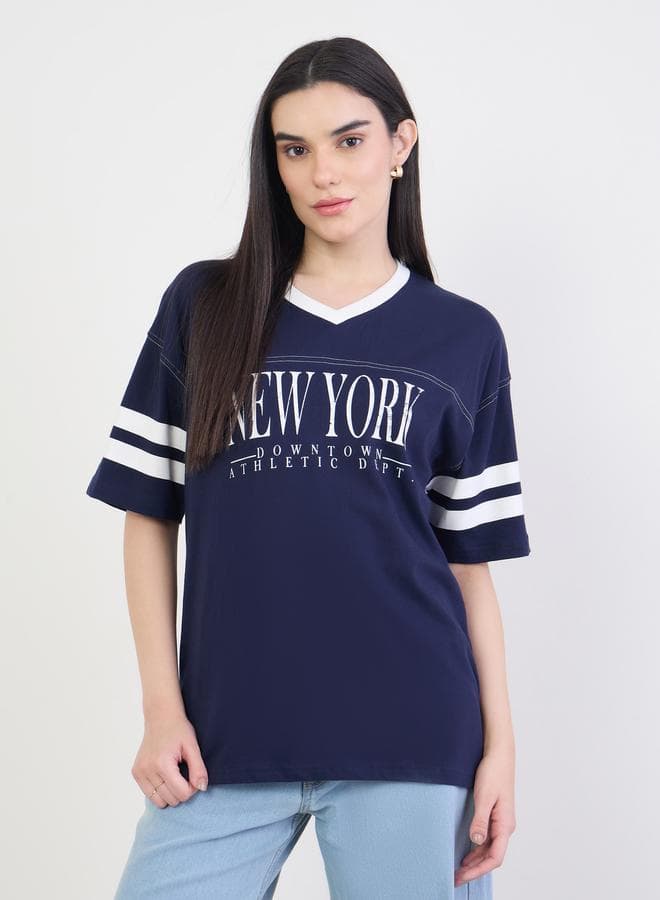 Navy Blue New York Graphic Oversized T-Shirt — XL