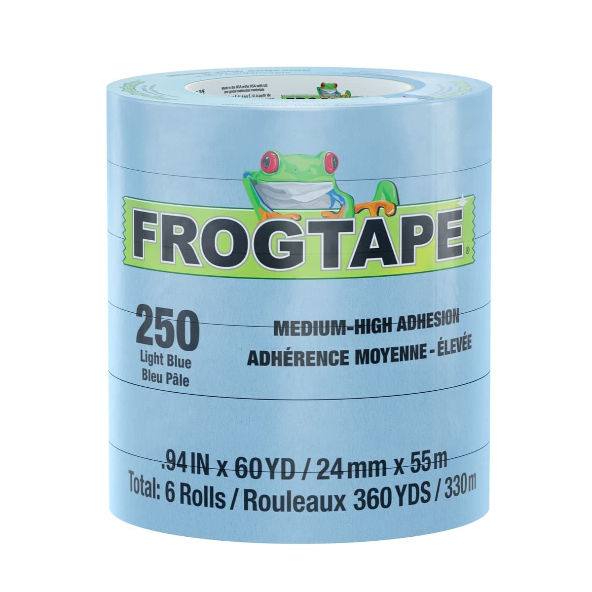 FROGTAPE 250 Light Blue Moderate Temperature Performance Grade Masking Tape MediumHigh Adhesion 24mm x 55m 6 Rolls per Pack 105327