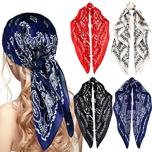 Syhood 4 Pcs 27'' Square Satin Head Scarves Satin Bandanas for Women Halloween Headband Silk Feeling Scarves Boho Headwear(Navy Blue, Red, Black, Beige)