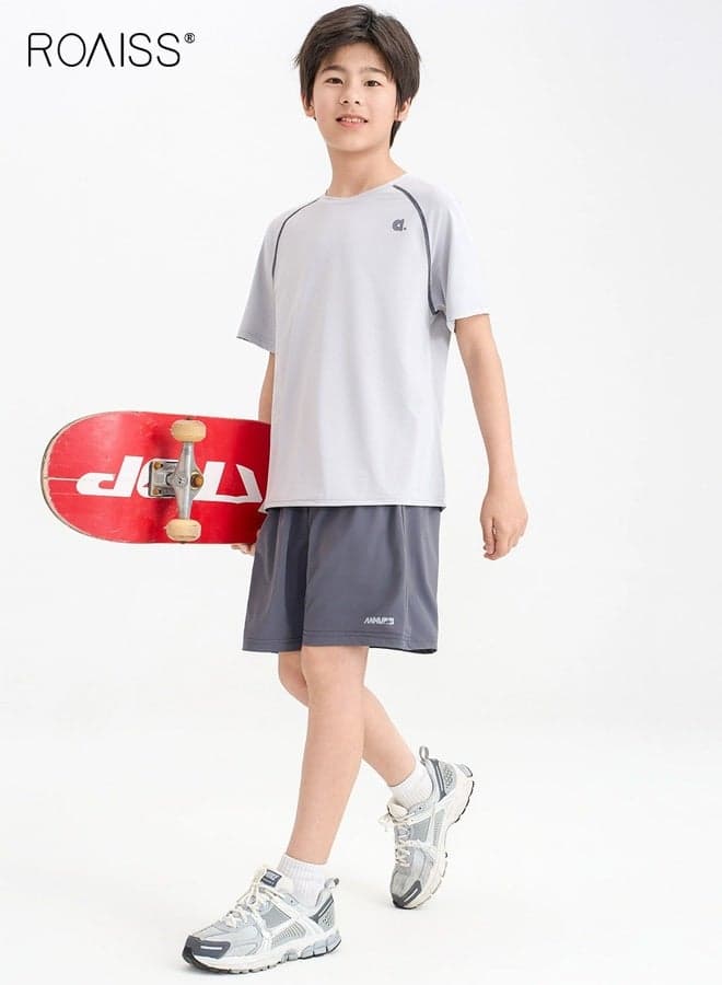 Boys 2PCS Sportswear Set, Short Sleeve Crew Neck T-Shirt and Elastic Waist Shorts, Breathable Quick Dry Activewear Outfit for Kids, Ideal for Skateboarding, Running, Casual Play and Outdoor