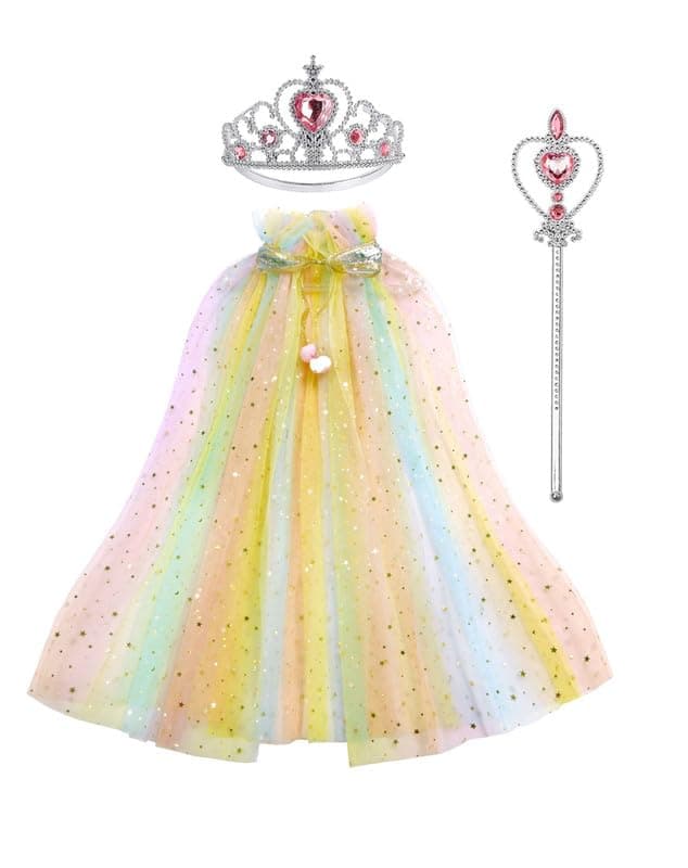 YUPPIN Princess Cape for Girls – Colorful Sequin Cloak with Crown and Wand for Birthday, Halloween, Fancy Dress & Carnival