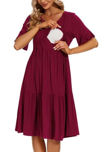 Smallshow Womens Maternity Nursing Dress Ruffle Short Sleeve Breastfeeding Clothes Medium Maroon