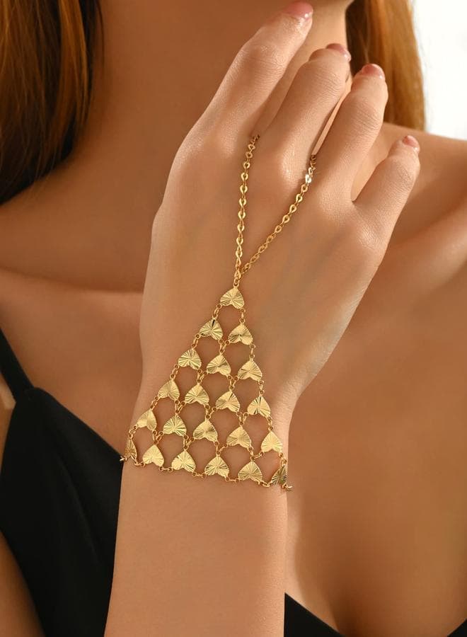 Gold Heart Link Chain Ring Bracelet