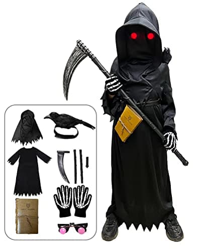longpo Halloween Costumes for Boys Grim Reaper Costume Kids Set Scary Ghost Cosplay Outfit Halloween Party Favors Gifts XL