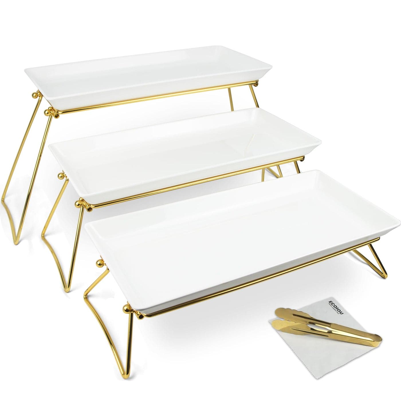 ECOIOU Extra Large 3 Tier Serving Tray 24 x22 x 98 Inch Melamine Tiered Tray Stand and Platters for Party Buffet Entertaining White and Gold