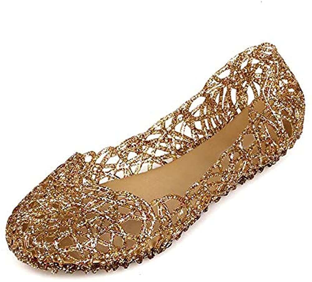 Domucos Womens Sandals Crystal Glitter Plastic Jelly Hollowed Flat Sandals Beach Pumps Shoes-Gold-8.5-40…
