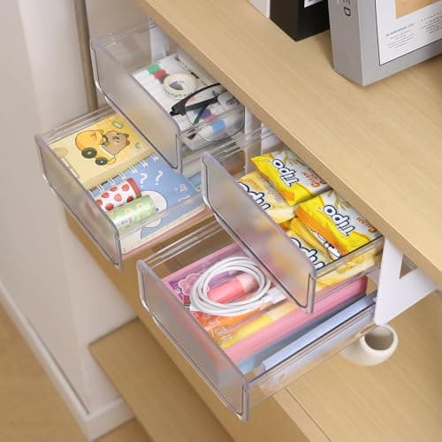 HOKIPO Plastic 2-Tier Drawer for Under Table/Wardrobe. Self Adhesive, Easy Installation. Innovative Desk Organizer, MEDIUM (NW-AR-5168), Transparent