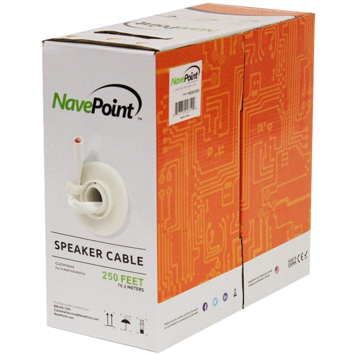 NavePoint 250ft in Wall Audio Speaker Cable Wire CL2 122 AWG Gauge 2 Conductor Bulk White