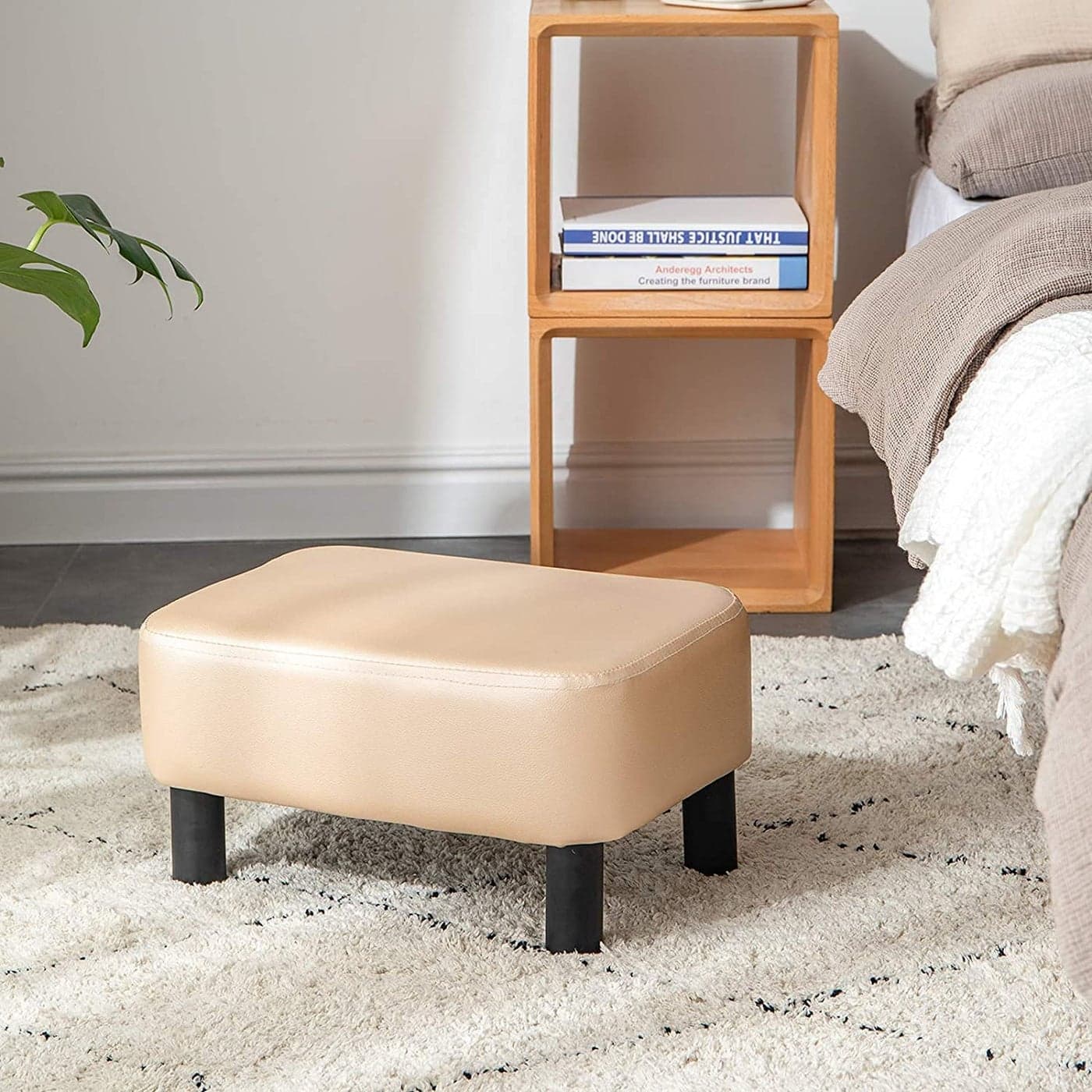 Indian Decor. 38043 Footrest Small Ottoman Stool16.54 Small Footstool Fabric Pouf Ottoman Footrest Modern Home Living Room Bedroom Rectangular Stool, with Padded Seat - Off White