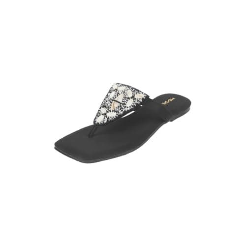 Mochi Women Black Flat Beaded Ethnic Slip-on Sandal UK/6 EU/39 (32-952)