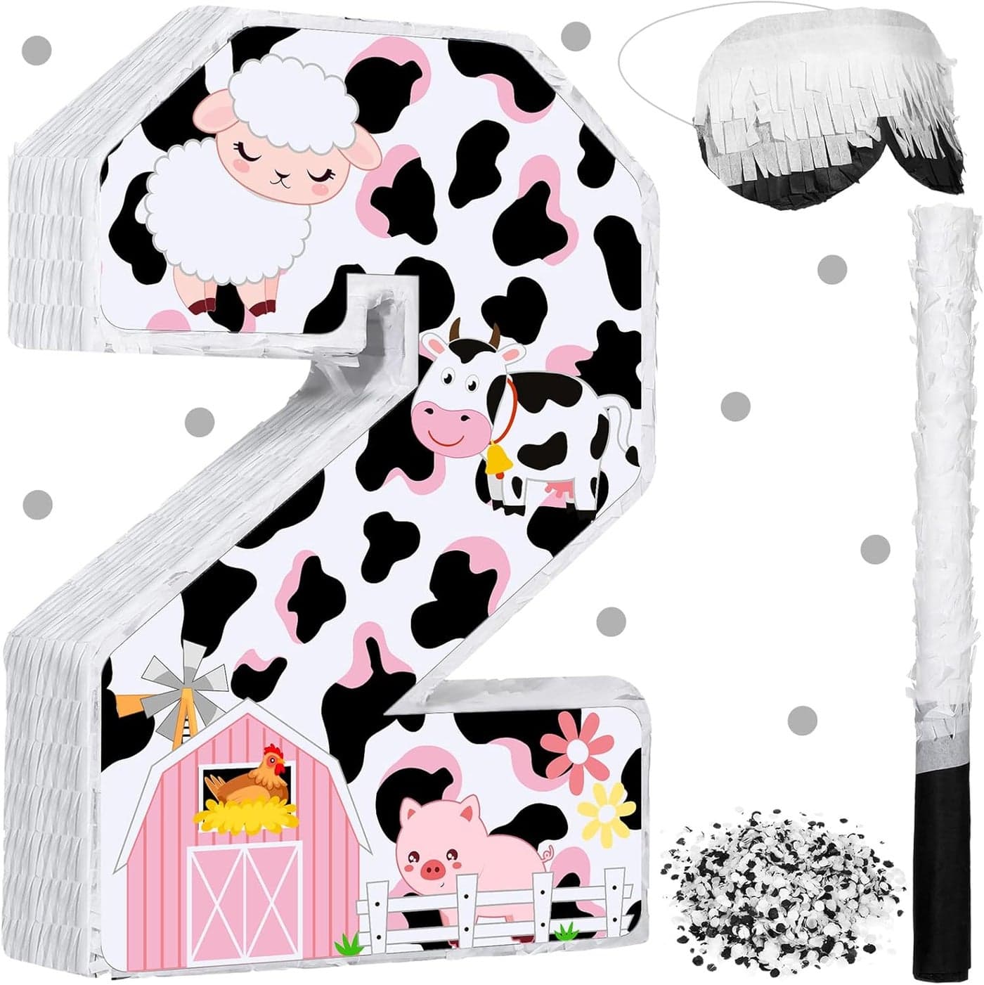 Jexine Cow Number 2 Piata 16 Inch Pink Cow Farm 2nd Piata Fiesta Birthday Party Supplies with Stick Blindfold and Confetti for Baby Shower Birthday Decoration