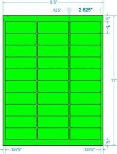 100 Sheets / 3000 Fluorescent FBA and Word Compatible Size Address Labels 30UP 2.625"x1" 30 Labels Per Sheet. Ink Jet and Laser Guaranteed. Made in USA (Fluorescent Green)