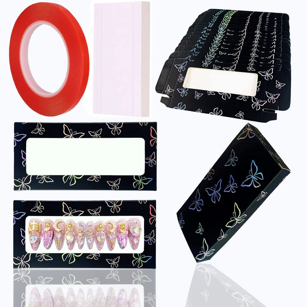 35 Pcs Empty Press on Nails Packaging Box Set 35 Pcs White Background Papers and 1 Double Sided Tape Empty Nail Package Box Set for Press on Nail Business Black
