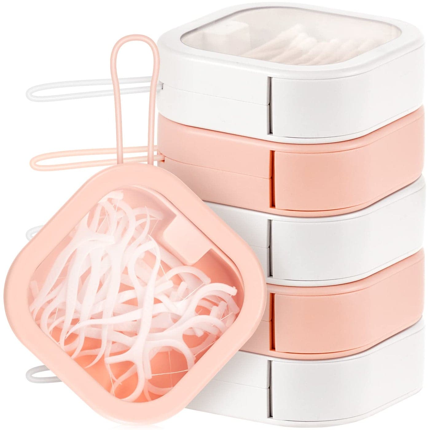 Kathfly 6 Pcs Hair Tie Container Dispenser Organizer Hair Tie Holder Travel Portable Bobby Pin Holder Cotton Swabs Dispenser Women Bathroom Storage AccessoryPink White