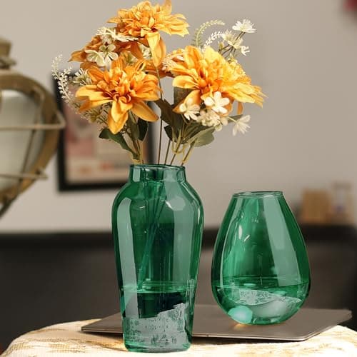 The Purple Tree Set of 2 Decorative Glass Vase for Flowers Home Decor Kitchen Living Room Bedroom Flowers Plants Office Dining Table Centerpiece Birthday Wedding Decoration Items (Green)