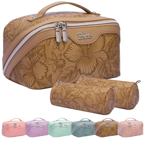 BOYATU Travel Makeup Bags Cosmetic Organizer Bag: 3-Set Large Capacity Make up Bag - PU Leather Toiletry Bags for Women - Wide Open Portable Pouch with Divider & Handle (01-Z-Brown)