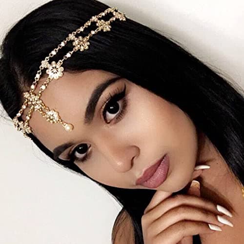 Unsutuo Hair Jewelry Head Chain Wedding Bohemian Floral Headband Elastic for Women and Girls Gold