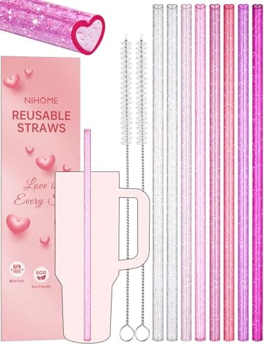 NiHome 8-Pack 12" Reusable Heart Shaped Glitter Straws Fit for Stanley Tumbler 40/30/64oz, Glitter Gradient Pink Plastic Drinking Straws for Stanley Cups, Gift Straw for Christmas, Valentine’s Day